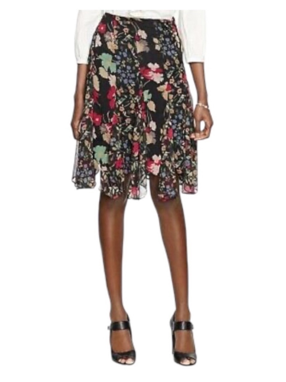 Lauren Ralph Lauren Black Floral Chiffon Ruffle Skirt Womens Sz 8